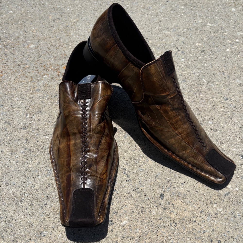 Robert Wayne Garage Mens Brown Leather Pleated Square Toe Slip On Loafers 12